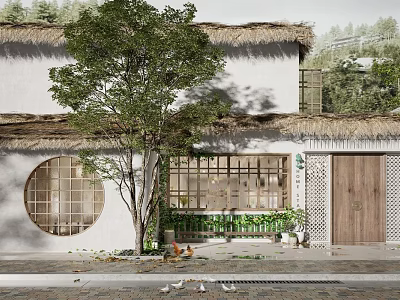 Traditional Boutique Guesthouse With Thatched Roof White Walls Round Window Front Tree Green Plants Chickens 3d model