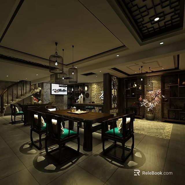 Traditional Teahouse Interior Design with Birdcage Pendant Lights Wooden Tables and Green Cushions 3d model 