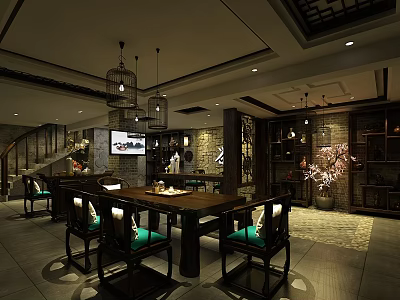 Traditional Teahouse Interior Design with Birdcage Pendant Lights Wooden Tables and Green Cushions 3d model