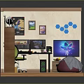 Home Office Room With Bookshelf Computer Desk TV Green Chair Wall Art And Carpet