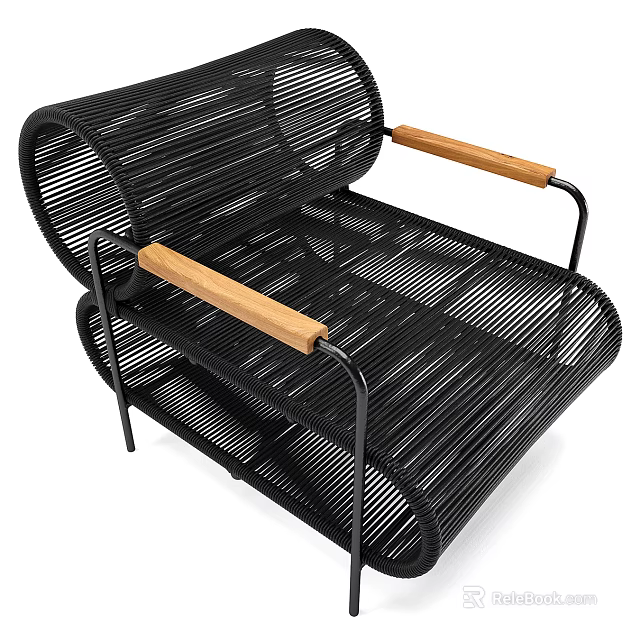 Modern Black Woven Lounge Chair With Wooden Armrests And Metal Frame 3d model 