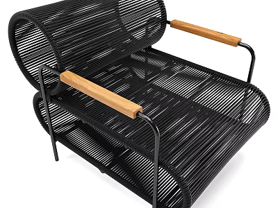 Modern Black Woven Lounge Chair With Wooden Armrests And Metal Frame 3d model