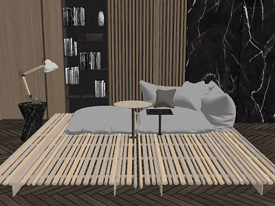 Bean Bag Sofa On Wooden Platform With Small Round Table Floor Lamp And Marble Wall 3d model