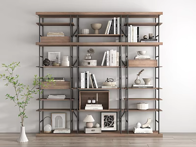 Modern Multi Tiered Wooden Metal Shelf Unit With Books Decor Vases And Photo Frames 3d model