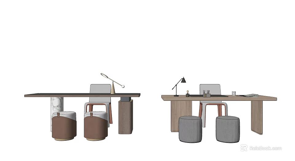 Modern Home Office Desk Setup With Chair Table Lamp And Stools 3d model