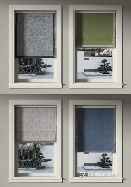 Various Window Roller Blinds In Different Colors For Modern Home Windows With Garden Views 3d model 