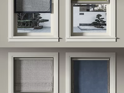 Various Window Roller Blinds In Different Colors For Modern Home Windows With Garden Views 3d model
