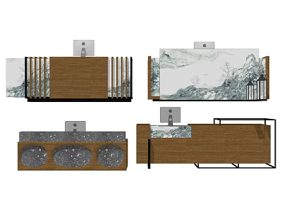 Reception Desk Designs With Wooden Frame Landscape Painting Backdrop And Lantern Decor 3d model