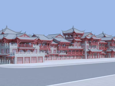 Traditional Chinese Architectural Complex With Classical Eaves Red Pillars And Gray Tiles 3d model