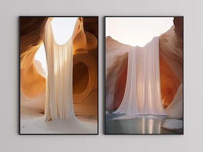 Landscape Paintings Of Canyon Views With White Curtain Light Effects Sand And Water Reflection 3d model