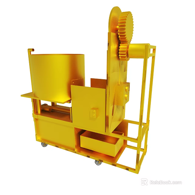 Yellow Industrial Processing Machine With Drum Gear Frame And Wheels 3d model 