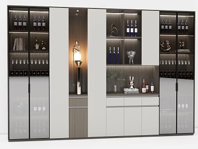 Modern Wine Cabinet Design With Glass Doors Wine Bottles Glasses And Decorative Items 3d model