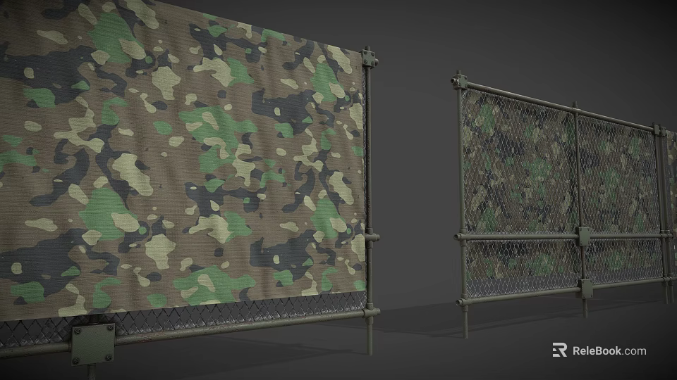 Camouflage Net With Green Brown Camo Pattern And Chain Link Fence Metal Frame 3d model 