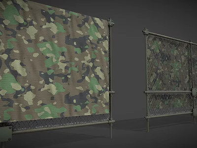 Camouflage Net With Green Brown Camo Pattern And Chain Link Fence Metal Frame 3d model