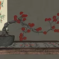 Bonsai Tree With Red Berries in Stone Pot on Wooden Table