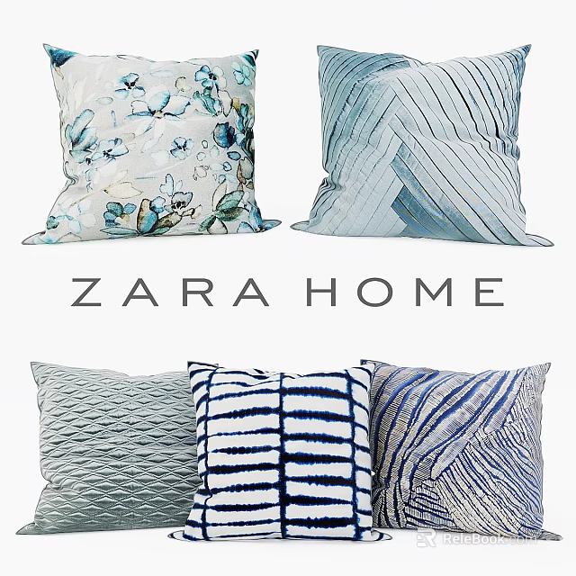 ZARA HOME Decorative Pillows With Floral Stripe Geometric Patterns In Blue White Light Colors 3d model 