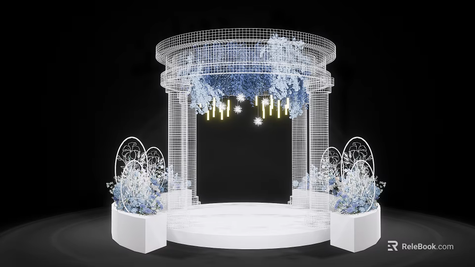 White Mesh Wedding Ceremony Arch With Blue White Flowers Yellow Lights And Round Platform 3d model 