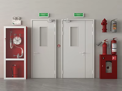 Fire Exit Doors With Green Exit Signs And Red Fire Safety Equipment 3d model