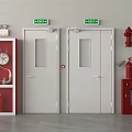 Fire Exit Doors With Green Exit Signs And Red Fire Safety Equipment