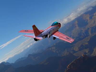 Red and White Fighter Jet Flying Over Mountainous Landscape Under Clear Blue Sky 3d model