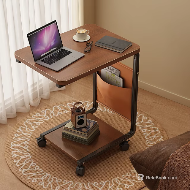Wooden Side Table with Metal Frame Wheels Storage Pocket Laptop Coffee and Books on Top 3d model 