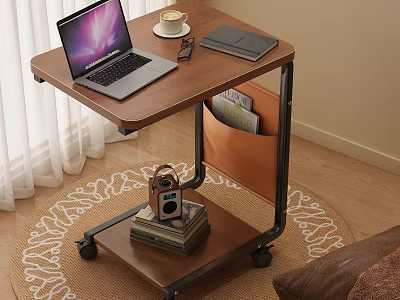 Wooden Side Table with Metal Frame Wheels Storage Pocket Laptop Coffee and Books on Top 3d model