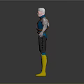 Man With White Hair Blue Outfit Orange Shoulder Mechanical Arm Black Pants Yellow Boots