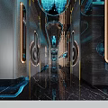 Modern Hi Tech KTV Corridor With Lighting Mirrored Surfaces And Metallic Decor