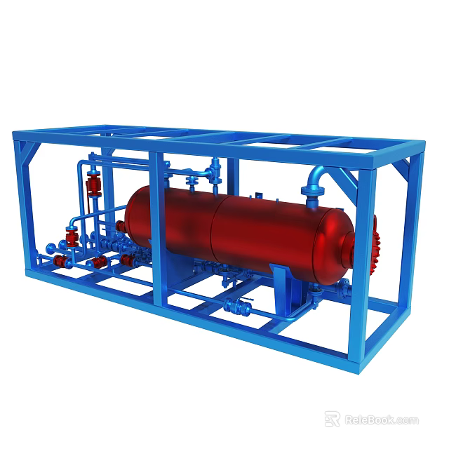 Industrial Machinery Setup With Blue Frame Red Cylinder And Pipes 3d model 