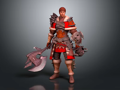Fantasy Warrior Character With Dragon Inspired Red Armor And Giant Battle Axe 3d model