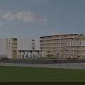 Modern Multi Story School Building With Glass Facade Green Lawn And Clear Sky