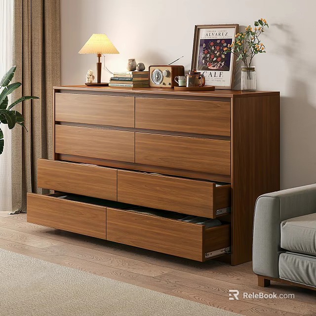 Modern Wooden Chest of Drawers in Living Room with Sofa Plant and Table Lamp 3d model 