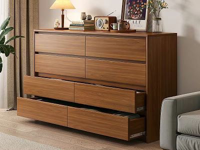 Modern Wooden Chest of Drawers in Living Room with Sofa Plant and Table Lamp 3d model