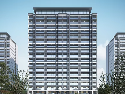 Modern High-rise Residential Building Exterior With Large Windows Balconies And Trees 3d model