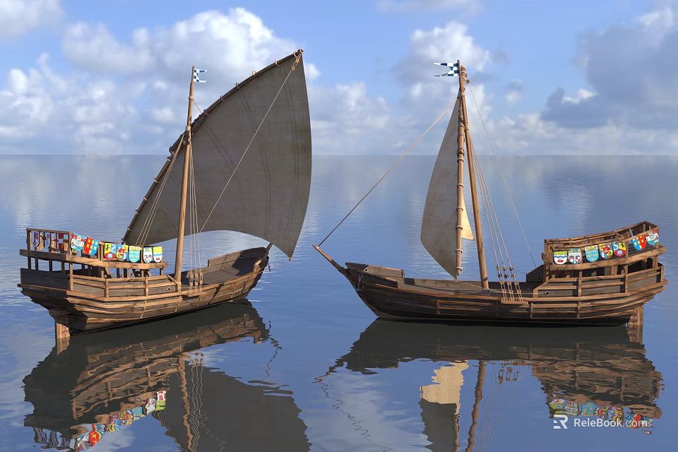 Two Traditional Wooden Boats With Sails Floating On Calm Water Under Blue Sky 3d model 