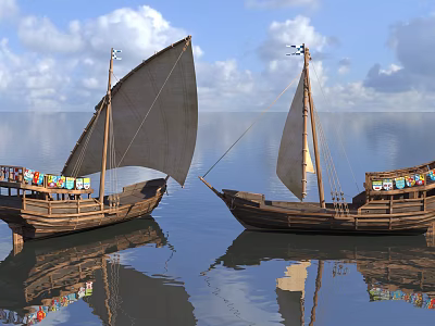 Two Traditional Wooden Boats With Sails Floating On Calm Water Under Blue Sky 3d model