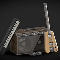 Musical Instruments Collection Featuring Electric Guitar Keyboard Amplifier and Pedal with Detailed Design Elements