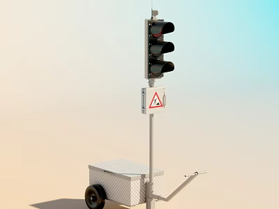 Portable Traffic Light System With Mobile Trailer Base and Warning Sign on Clear Sky Background 3d model