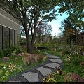 Lush Garden Landscape With Stone Path Trees Flowers Building And Sunlit Greenery