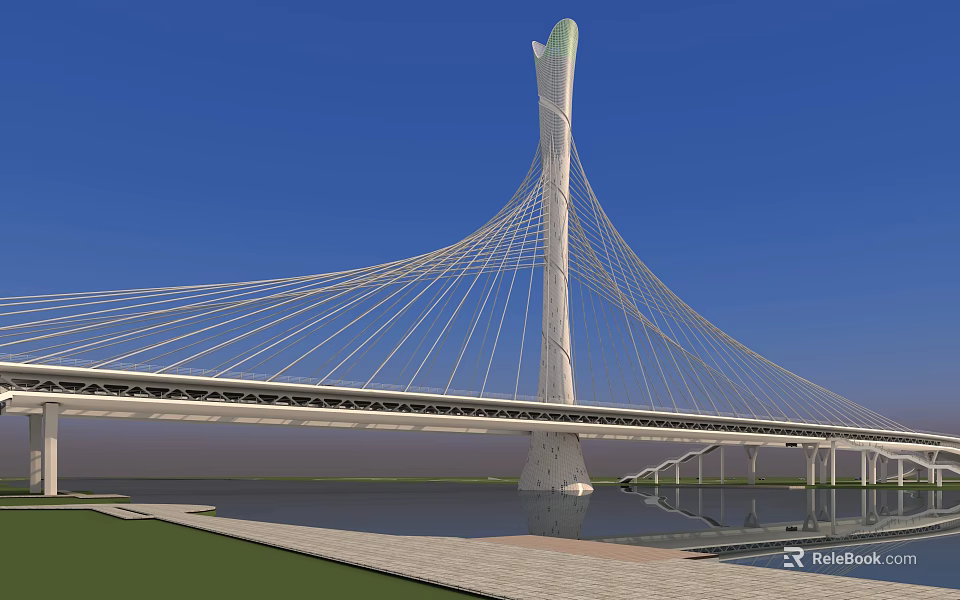 Modern Cable Stayed Bridge Featuring Streamlined Tall Tower And Cables Over Water Against Blue Sky 3d model 