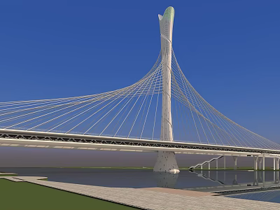 Modern Cable Stayed Bridge Featuring Streamlined Tall Tower And Cables Over Water Against Blue Sky 3d model