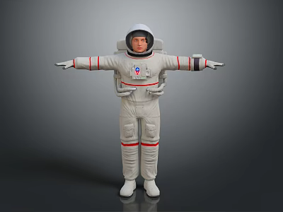Man Wearing White Astronaut Suit With Red Stripes Arms Outstretched On Gray Background 3d model