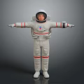 Man Wearing White Astronaut Suit With Red Stripes Arms Outstretched On Gray Background