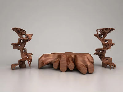 Artistic Wooden Tea Table and Chairs with Unique Natural Structure and Grain Details 3d model