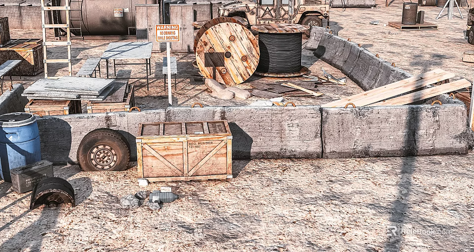 Outdoor Industrial Storage Area With Wooden Crate Cable Reel Tire Concrete Blocks And Planks 3d model 