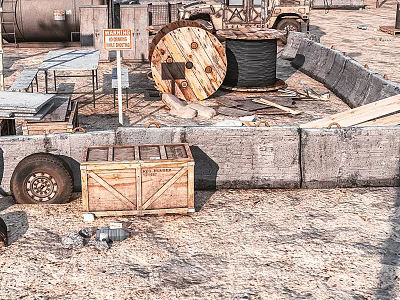 Outdoor Industrial Storage Area With Wooden Crate Cable Reel Tire Concrete Blocks And Planks 3d model