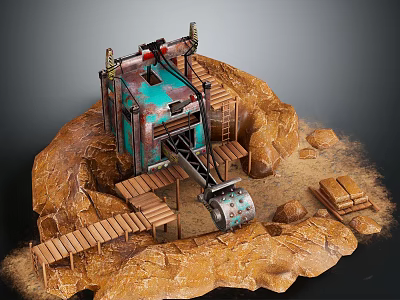 Rocky Terrain Scene Setup With Wooden Platforms Mechanical Structure And Stacked Planks 3d model