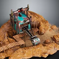 Rocky Terrain Scene Setup With Wooden Platforms Mechanical Structure And Stacked Planks