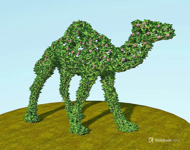Green Shrub Sculpture Shaped Like Camel With Pink Flowers On Grass 3d model 