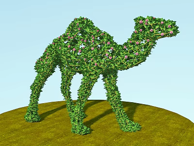 Green Shrub Sculpture Shaped Like Camel With Pink Flowers On Grass 3d model
